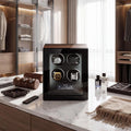 Elegant Tempus 4 watch winder on white marble countertop in a bright modern dressing room with accessories and soft lighting.