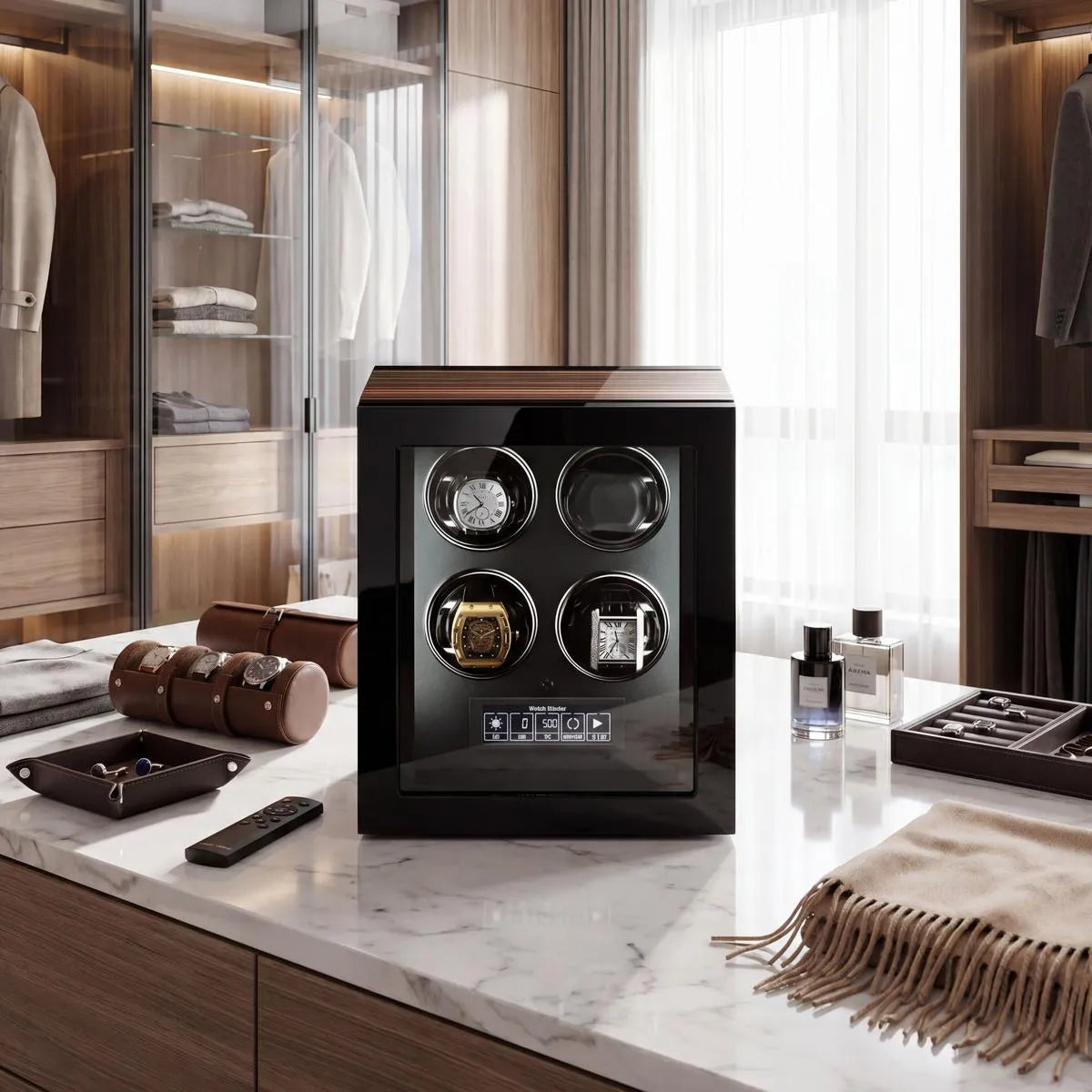 Elegant Tempus 4 watch winder on white marble countertop in a bright modern dressing room with accessories and soft lighting.