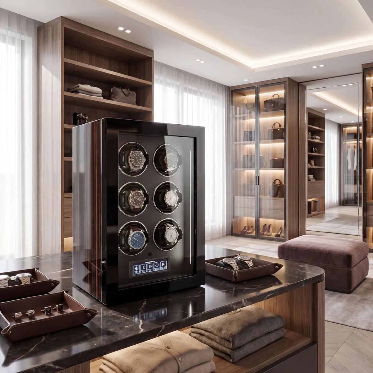 Elegant Tempus 6 watch winder showcased in a modern walk-in dressing room with stylish watches, plush jewelry tray, and mirror.