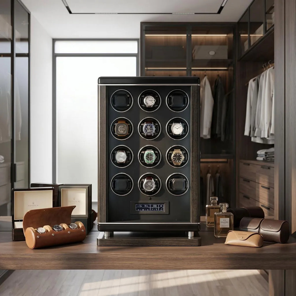 Front view of Tempus 12 Watch Winder in a bright, luxurious dressing room highlighting sleek exterior, biometric lock, and touchscreen.