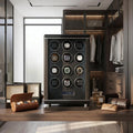 Front view of Tempus 12 Watch Winder in a bright, luxurious dressing room highlighting sleek exterior, biometric lock, and touchscreen.
