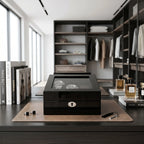 Elegant 6 watch box with black glossy finish and plush lining displayed in a bright modern dressing room with accessories.