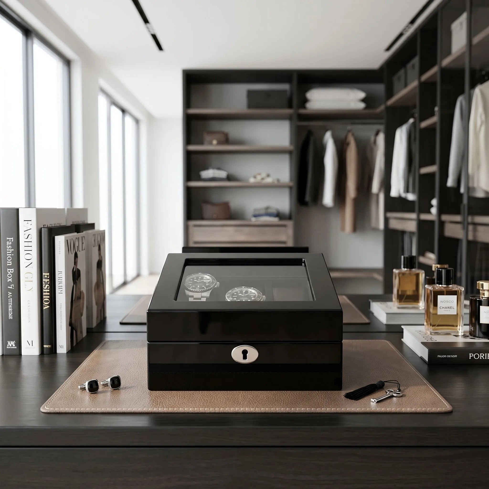 Elegant 6 watch box with black glossy finish and plush lining displayed in a bright modern dressing room with accessories.
