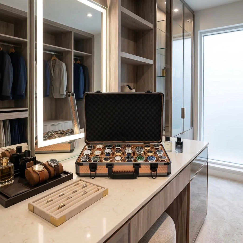Front view of a rose gold 24-watch briefcase in a modern walk-in dressing room with soft lighting and luxury props.