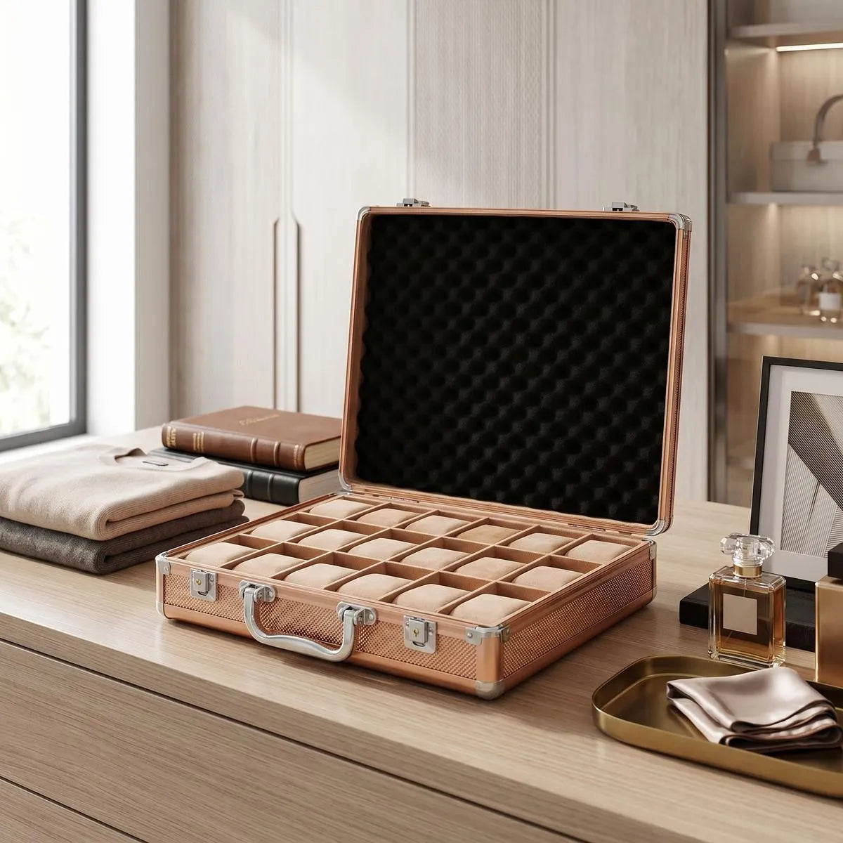 Close-up of rose gold watch briefcase with lift-out tray in luxurious walk-in closet, highlighting sleek finish and hardware details.
