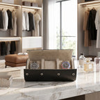 Full-body view of the Tempus triple watch roll standing upright in a bright, modern dressing room with elegant decor.