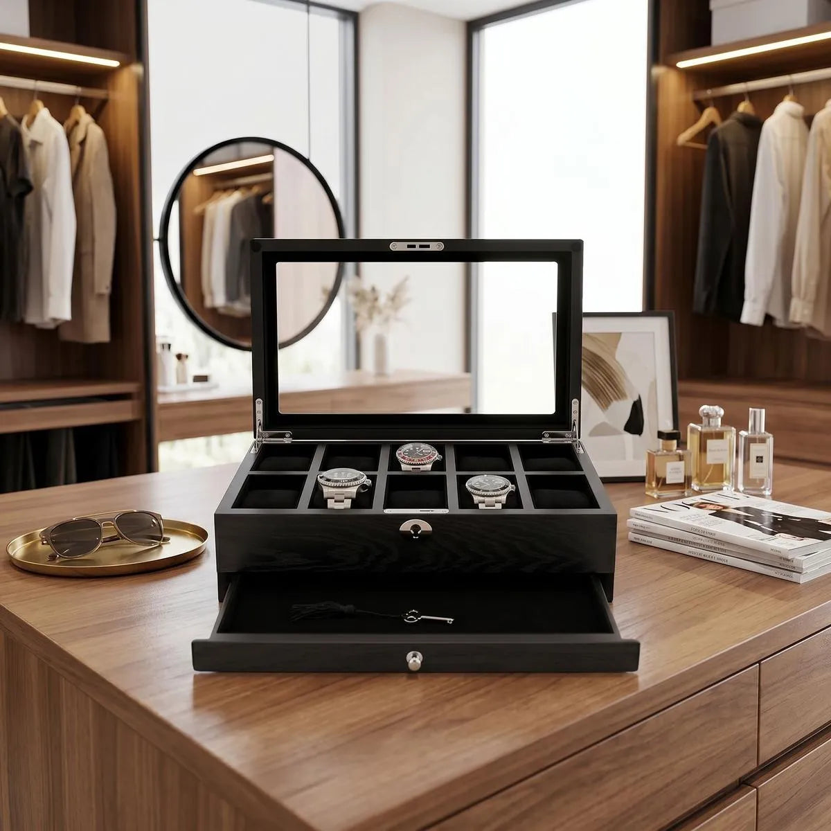 High-quality view of the 10 Watch Box in a bright, luxurious dressing room, highlighting its black oak veneer finish and extra storage drawer.