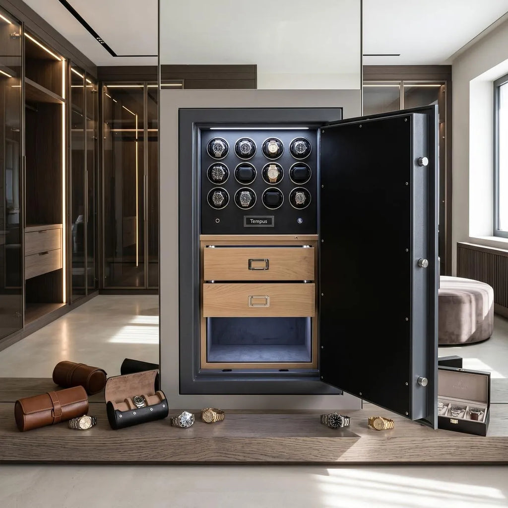 Elegant walk-in dressing room showcasing the 12 Watch Winder Safe Grade 2 with £175,000 insurance, surrounded by watch accessories and luxury decor.
