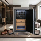 Elegant walk-in dressing room showcasing the 12 Watch Winder Safe Grade 2 with £175,000 insurance, surrounded by watch accessories and luxury decor.