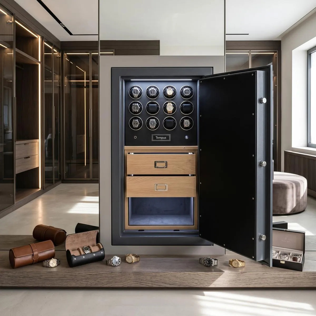 Elegant walk-in dressing room showcasing the 12 Watch Winder Safe Grade 2 with £175,000 insurance, surrounded by watch accessories and luxury decor.