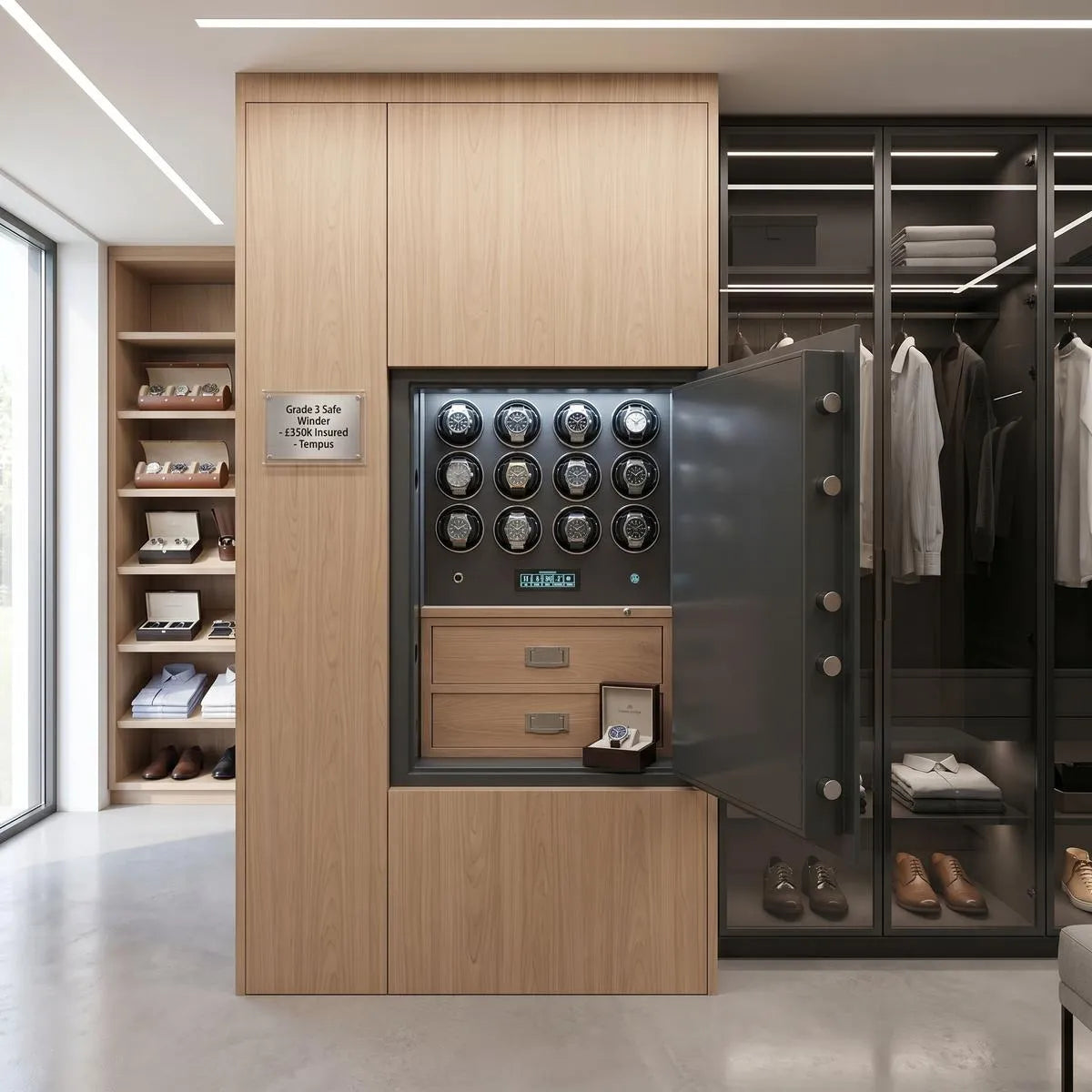 Close-up of the compact 24 Watch Winder Safe Grade 3 displaying premium leather finish and secure locking mechanism in a bright luxurious dressing room.