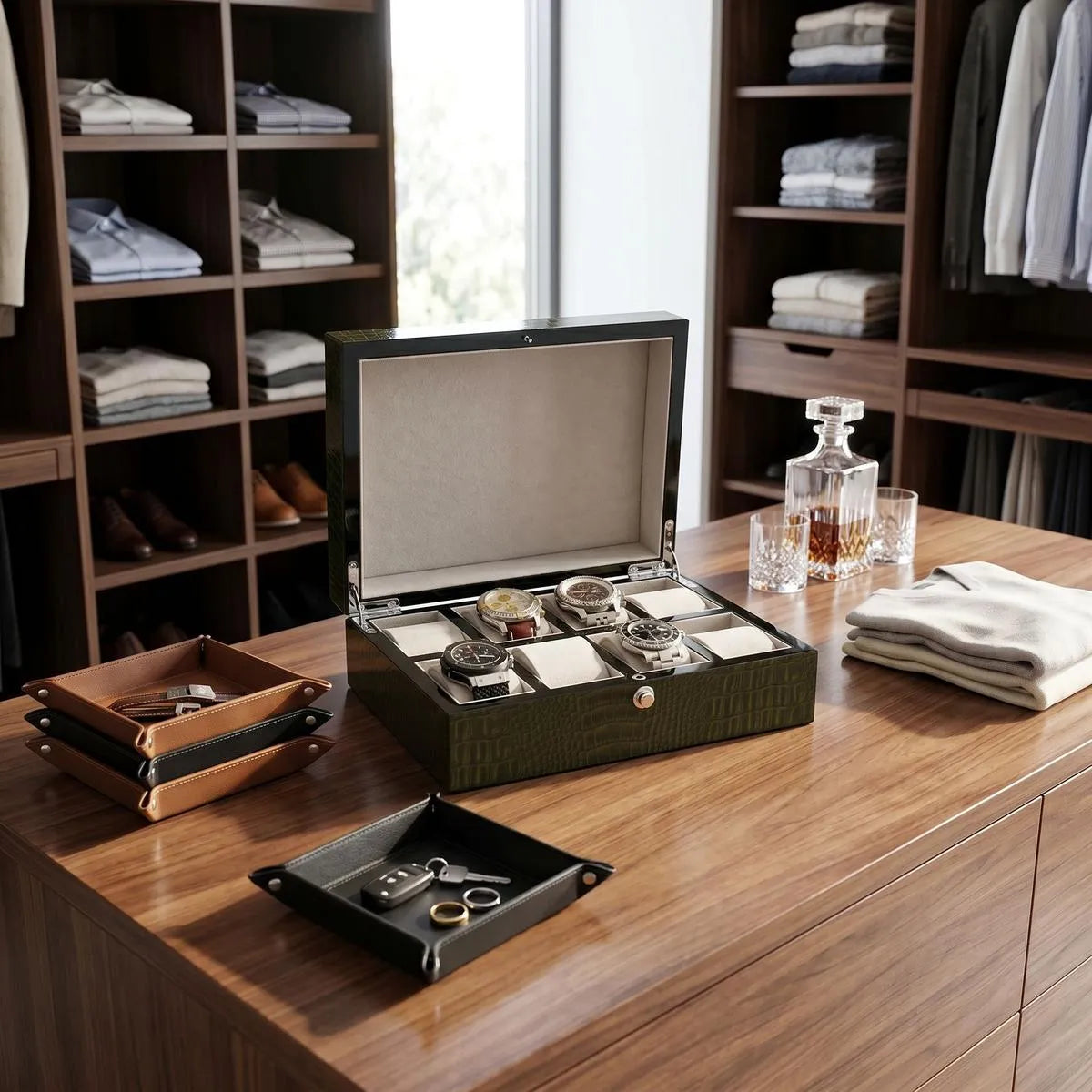 Close-up of green high gloss crocodile print watch box in a bright walk-in dressing room, highlighting texture and plush watch slots.