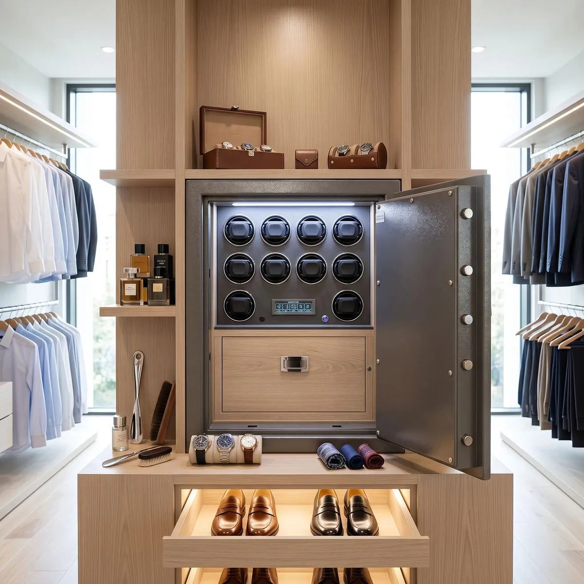 Elegant Grade 1 watch winder safe with leather finish and LED lighting, displayed in a luxurious dressing room with watches and grooming accessories.