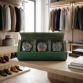 Premium Triple Green Leather Watch Roll by Tempus in a bright, luxurious dressing room with modern decor and natural light, emphasizing texture and rich color.