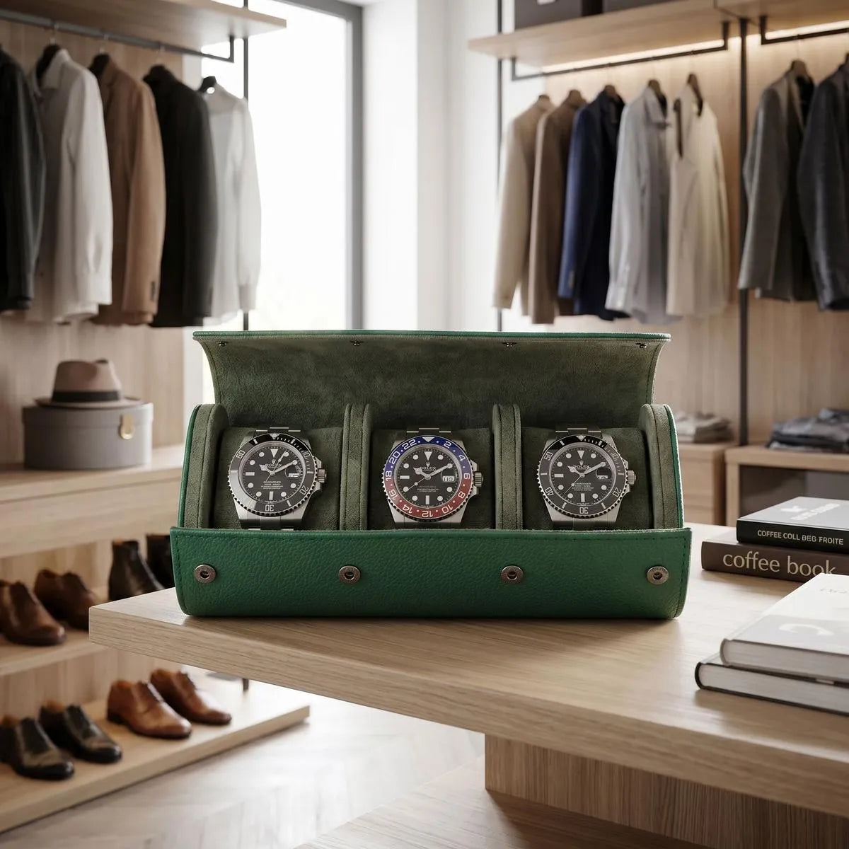Premium Triple Green Leather Watch Roll by Tempus in a bright, luxurious dressing room with modern decor and natural light, emphasizing texture and rich color.