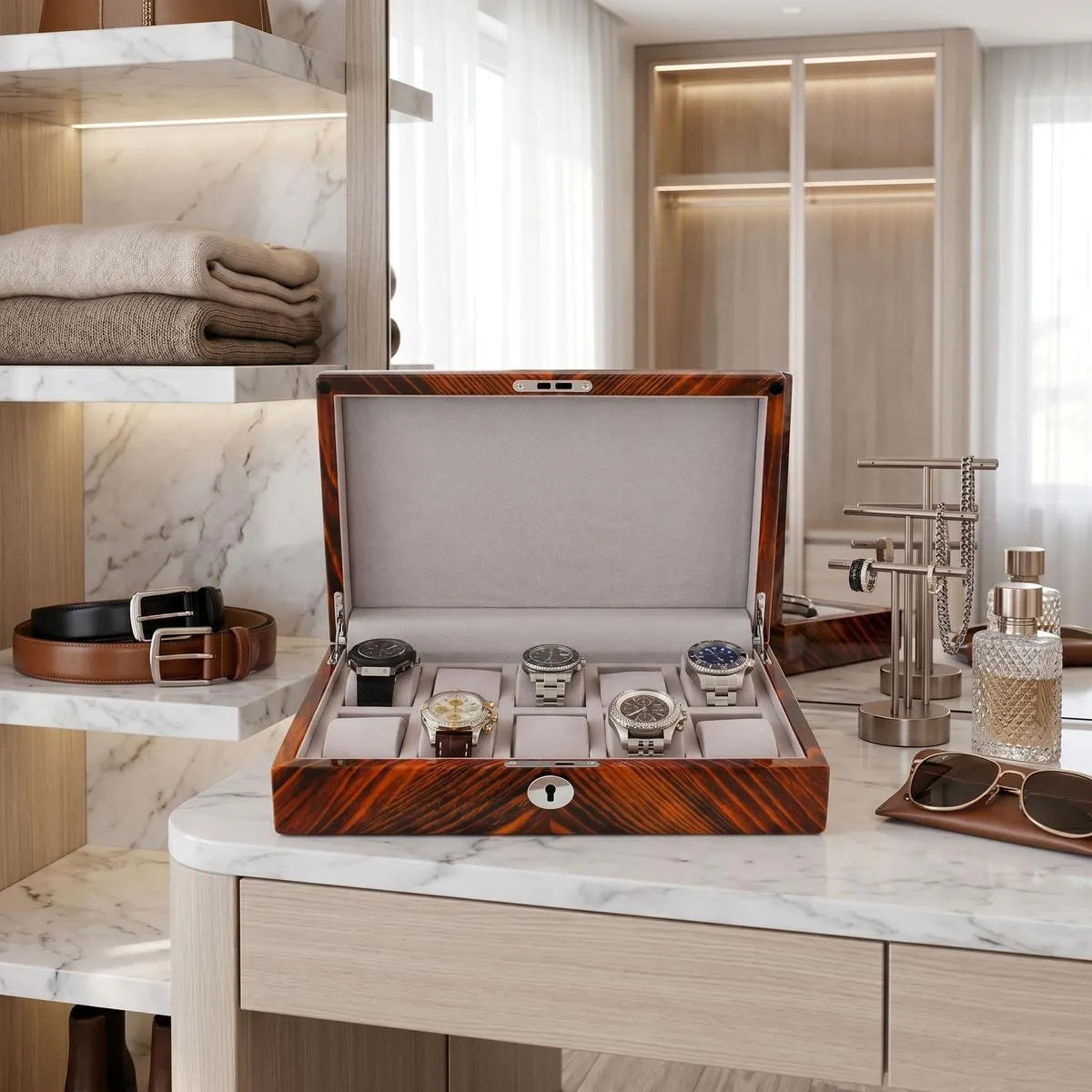 Front view of premium tiger striped wood 10 watch box in bright luxury dressing room, open to show plush compartments and solid lid.