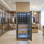 Luxurious walk-in dressing room displaying the 12 Watch Winder Safe Grade 1 with large storage, leather finish, and watch compartments.