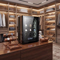 High-quality view of the Tempus 12 watch winder in a luxurious walk-in dressing room with jewelry stands and modern decor, highlighting its sleek design and touchscreen.