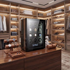 High-quality view of the Tempus 12 watch winder in a luxurious walk-in dressing room with jewelry stands and modern decor, highlighting its sleek design and touchscreen.