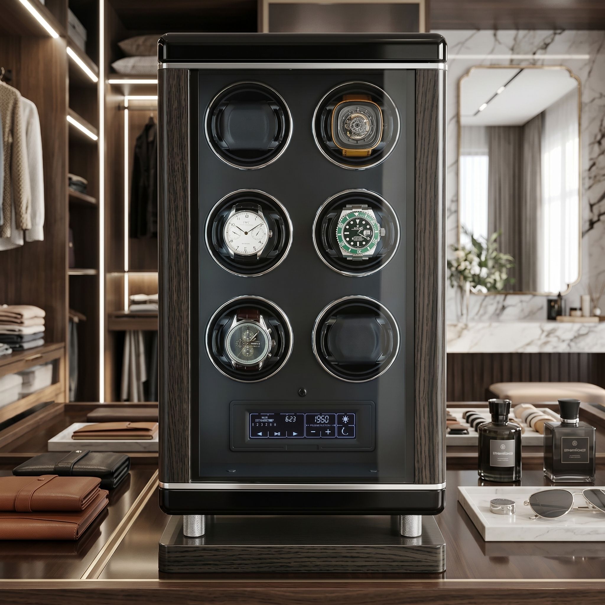 High-resolution view of Tempus 6 Watch Winder with biometric lock and touchscreen in a bright, modern dressing room setting.
