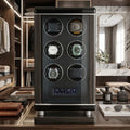 High-resolution view of Tempus 6 Watch Winder with biometric lock and touchscreen in a bright, modern dressing room setting.