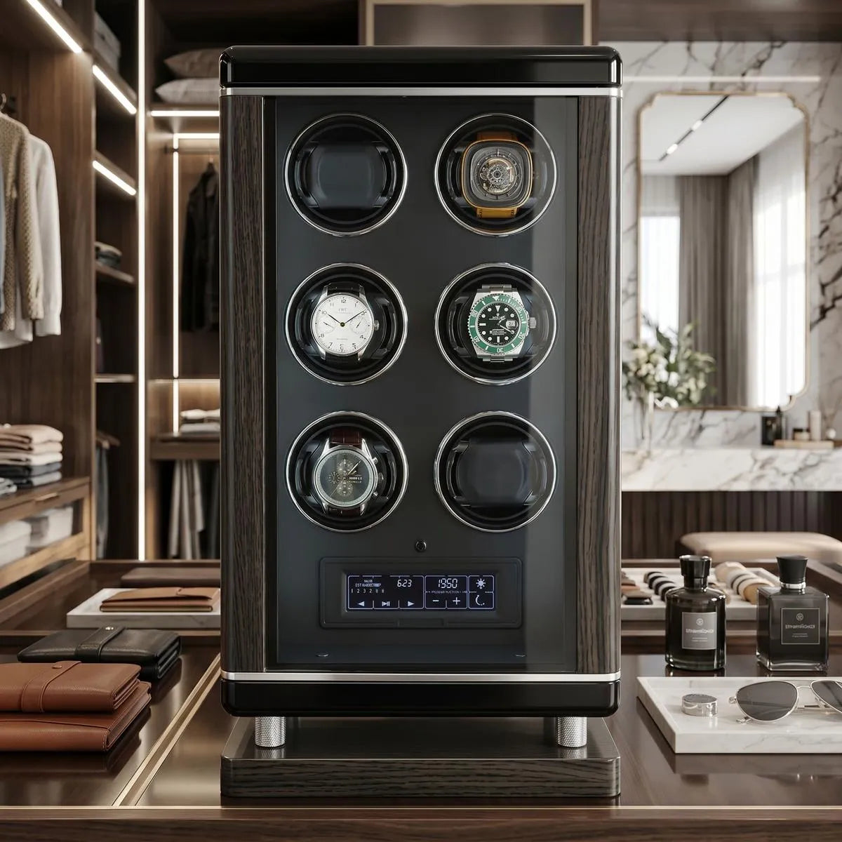 High-resolution view of Tempus 6 Watch Winder with biometric lock and touchscreen in a bright, modern dressing room setting.