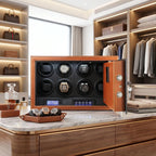 Close-up of the Tempus 8 Watch Winder Safe in a luxurious dressing room showcasing rich brown leather finish and secure key or code entry.