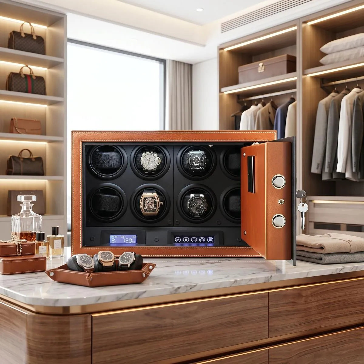 Close-up of the Tempus 8 Watch Winder Safe in a luxurious dressing room showcasing rich brown leather finish and secure key or code entry.