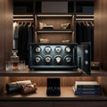 Close-up of Tempus 8 watch winder safe in a modern dressing room, highlighting black leather finish, fingerprint sensor, and touchscreen controls.