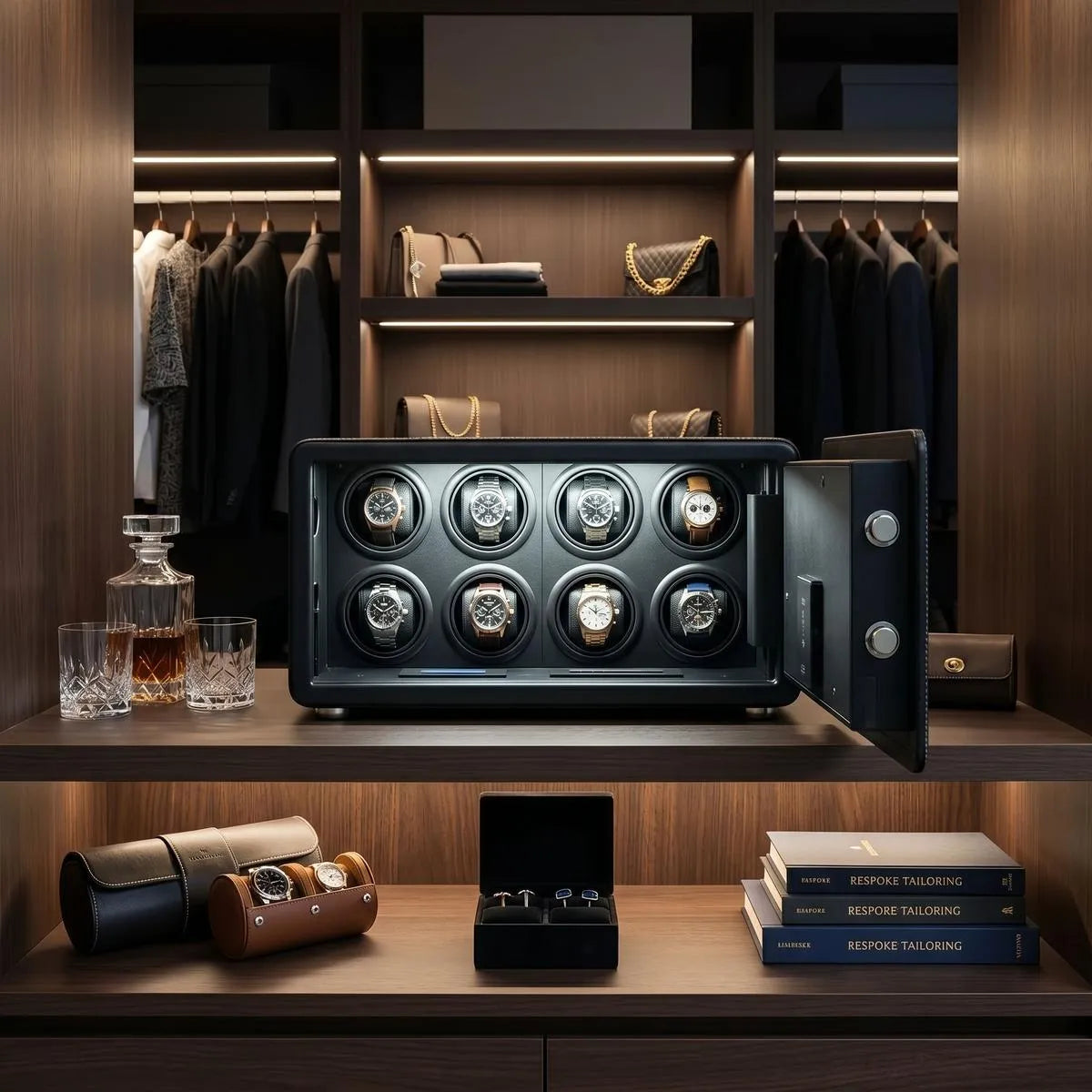 Close-up of Tempus 8 watch winder safe in a modern dressing room, highlighting black leather finish, fingerprint sensor, and touchscreen controls.