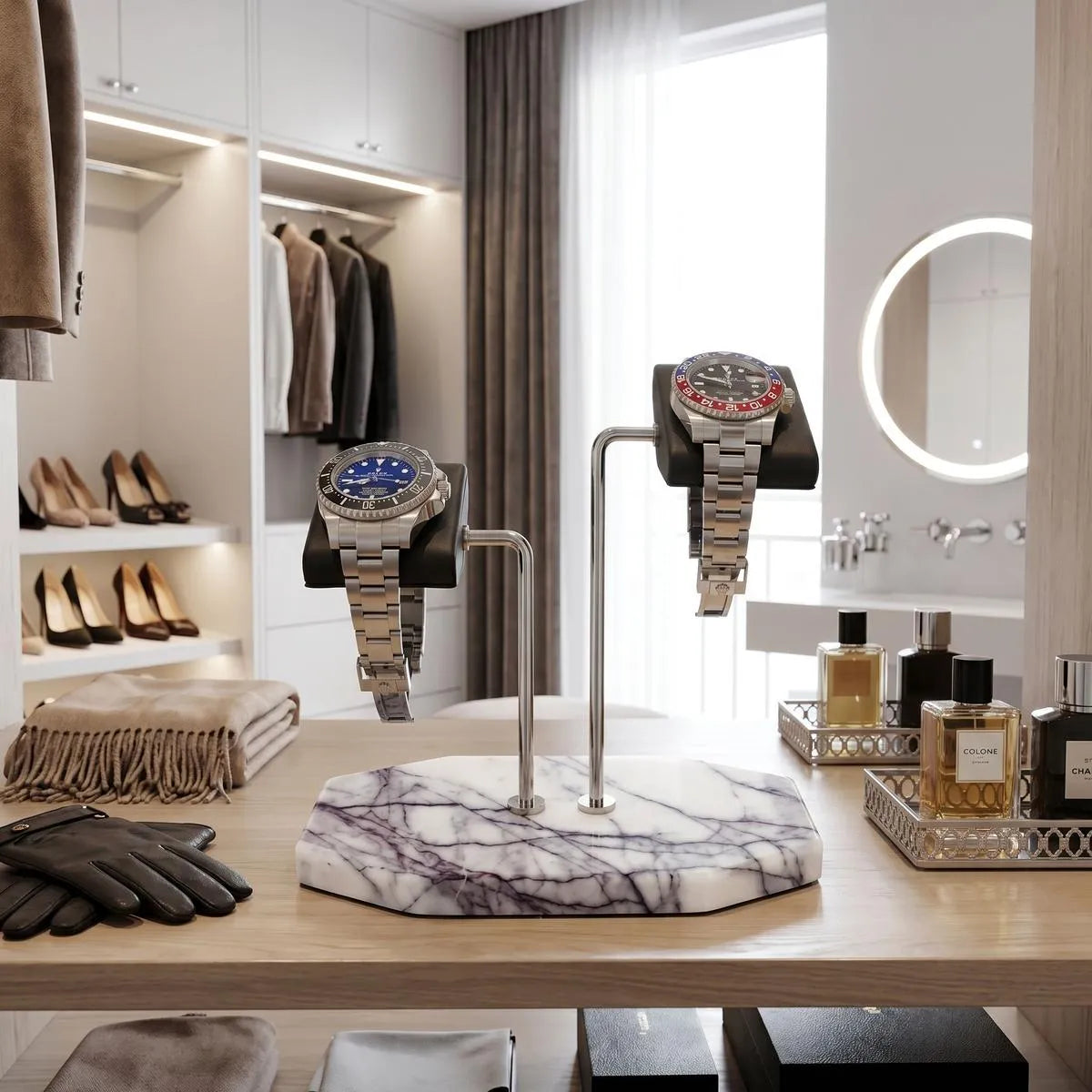 Close-up of Tempus marble watch stand with violet veins and black leather cushions in a bright modern walk-in dressing room.