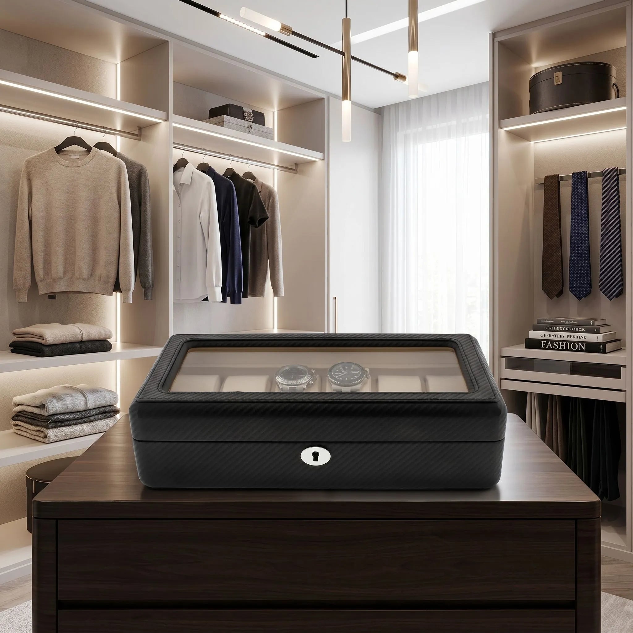 Elegant 12 watch box with carbon fibre printed leather finish, displayed in a modern luxurious dressing room environment.