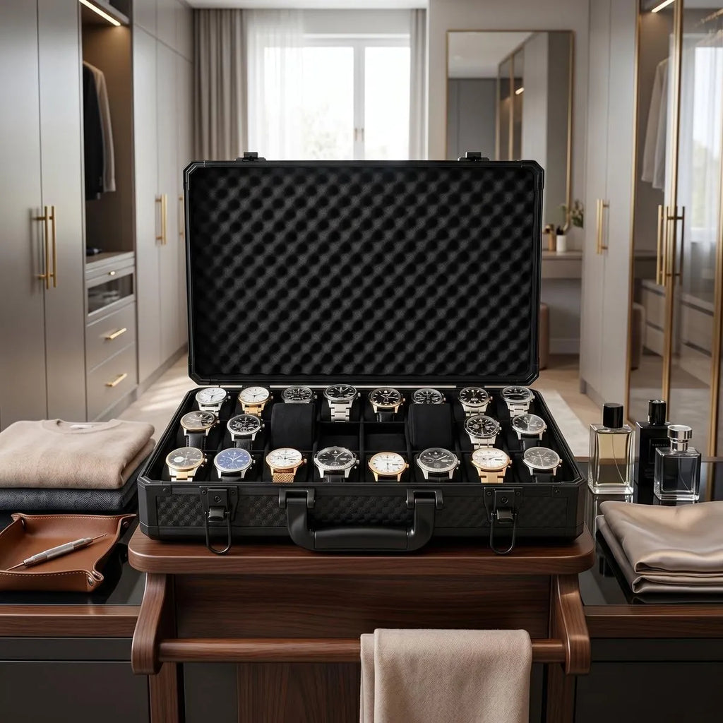 Black 24-watch briefcase with lift-out tray, lockable, in a bright walk-in dressing room, highlighting textured black aluminium finish and hardware.