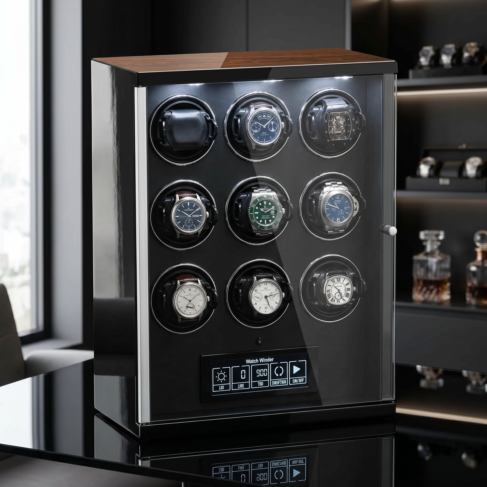 Premium 9 Watch Winder for automatic watches with touch screen, placed on reflective black surface, showcasing its elegant finish and built-in lighting.
