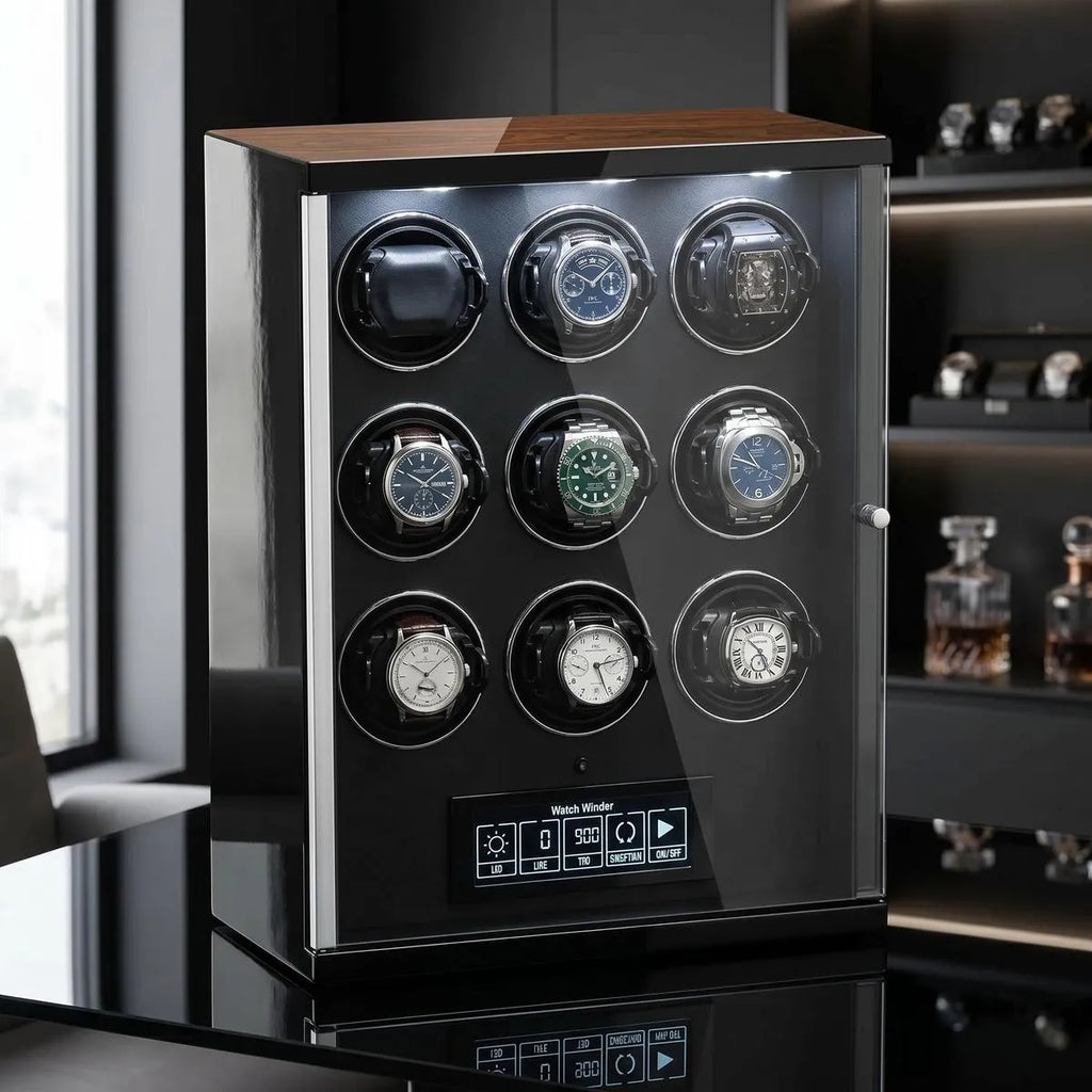 Premium 9 Watch Winder for automatic watches with touch screen, placed on reflective black surface, showcasing its elegant finish and built-in lighting.