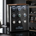 Premium 9 Watch Winder for automatic watches with touch screen, placed on reflective black surface, showcasing its elegant finish and built-in lighting.