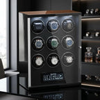 Premium 9 Watch Winder for automatic watches with touch screen, placed on reflective black surface, showcasing its elegant finish and built-in lighting.
