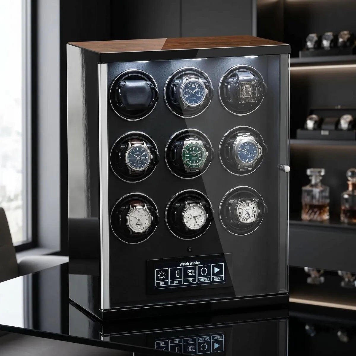 Premium 9 Watch Winder for automatic watches with touch screen, placed on reflective black surface, showcasing its elegant finish and built-in lighting.