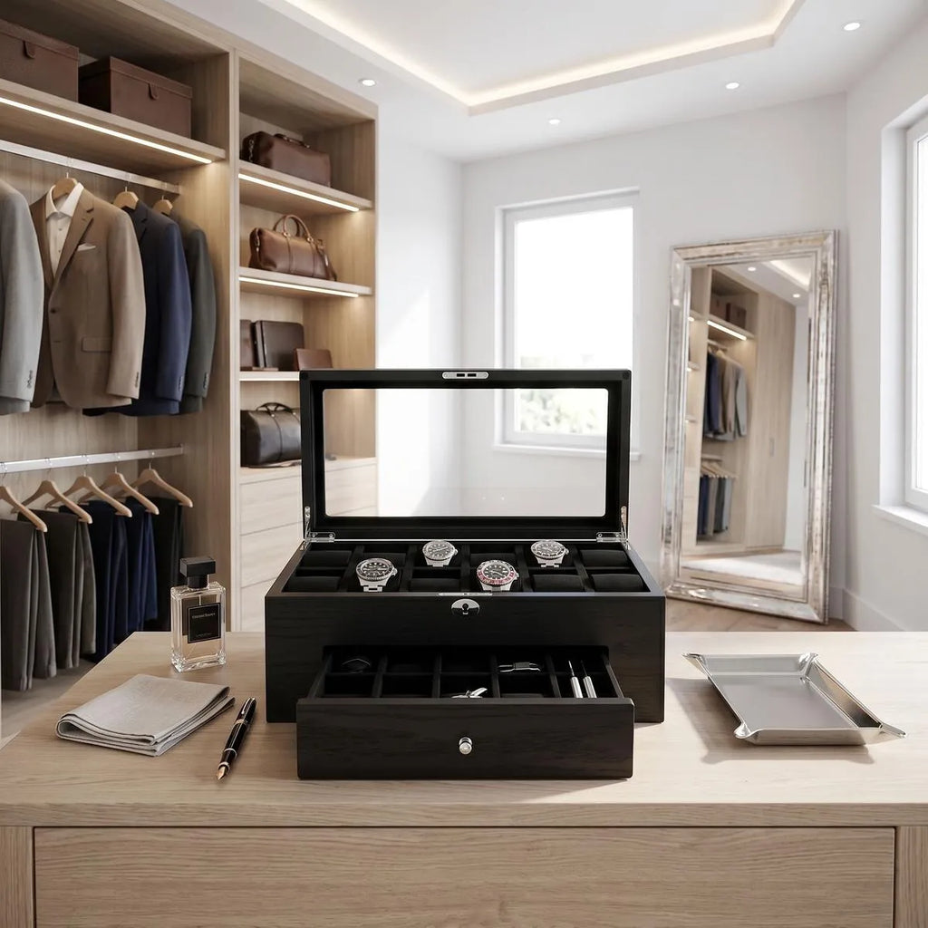 Elegant 22-watch box in black oak veneer with drawer, displayed in a bright, modern dressing room with luxury props.