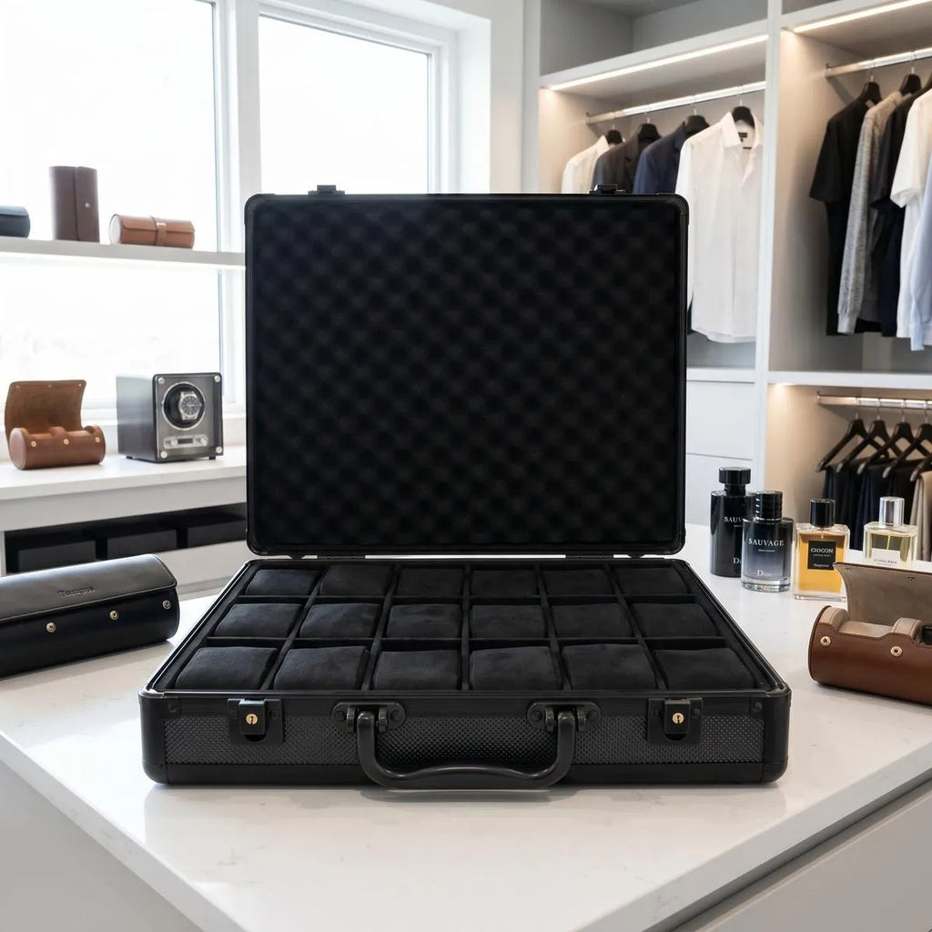 Close-up of black aluminium-look watch briefcase with lock and structured design in a luxurious walk-in dressing room.