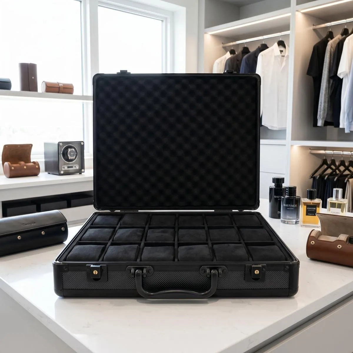 Close-up of black aluminium-look watch briefcase with lock and structured design in a luxurious walk-in dressing room.