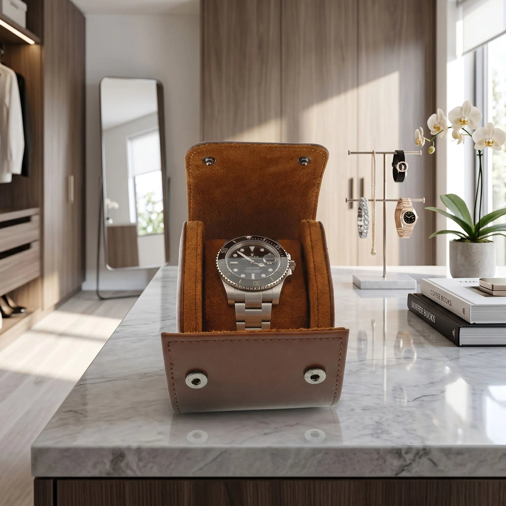Stylish dressing room scene showcasing the brown vegan leather watch roll with tan suede interior on a glossy marble surface.
