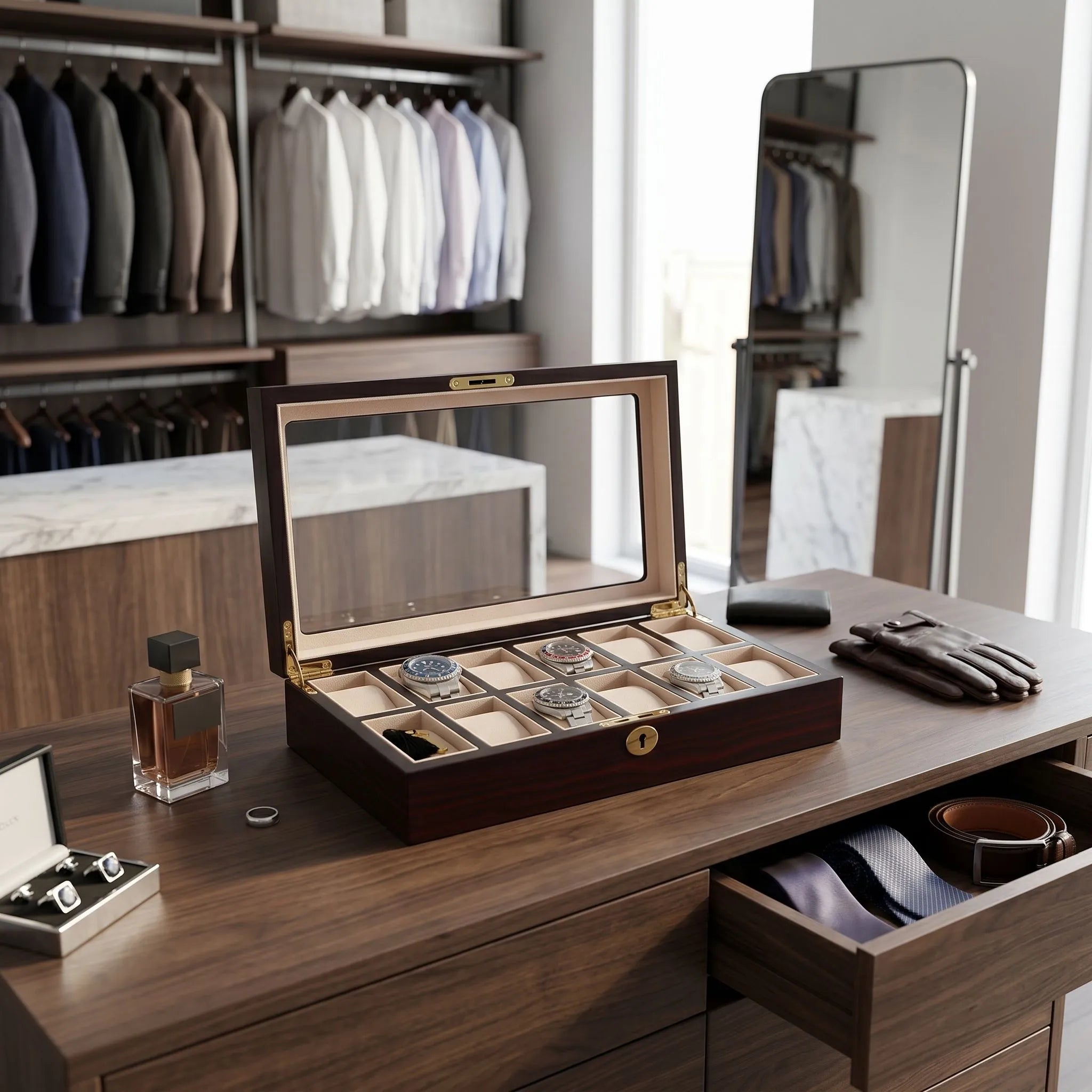 Close-up of cherry wood watch box with satin finish in a modern dressing room setting, highlighting craftsmanship and cushioned watch slots.