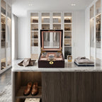 Premium cherry wood watch box with piano gloss finish and luxury lining, displayed in a bright, upscale dressing room setting.
