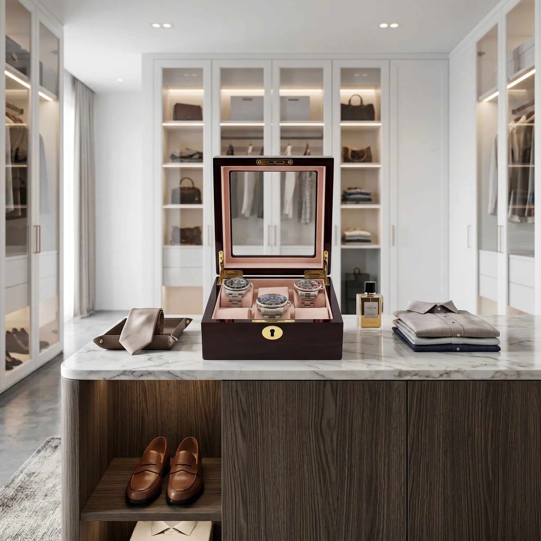 Premium cherry wood watch box with piano gloss finish and luxury lining, displayed in a bright, upscale dressing room setting.