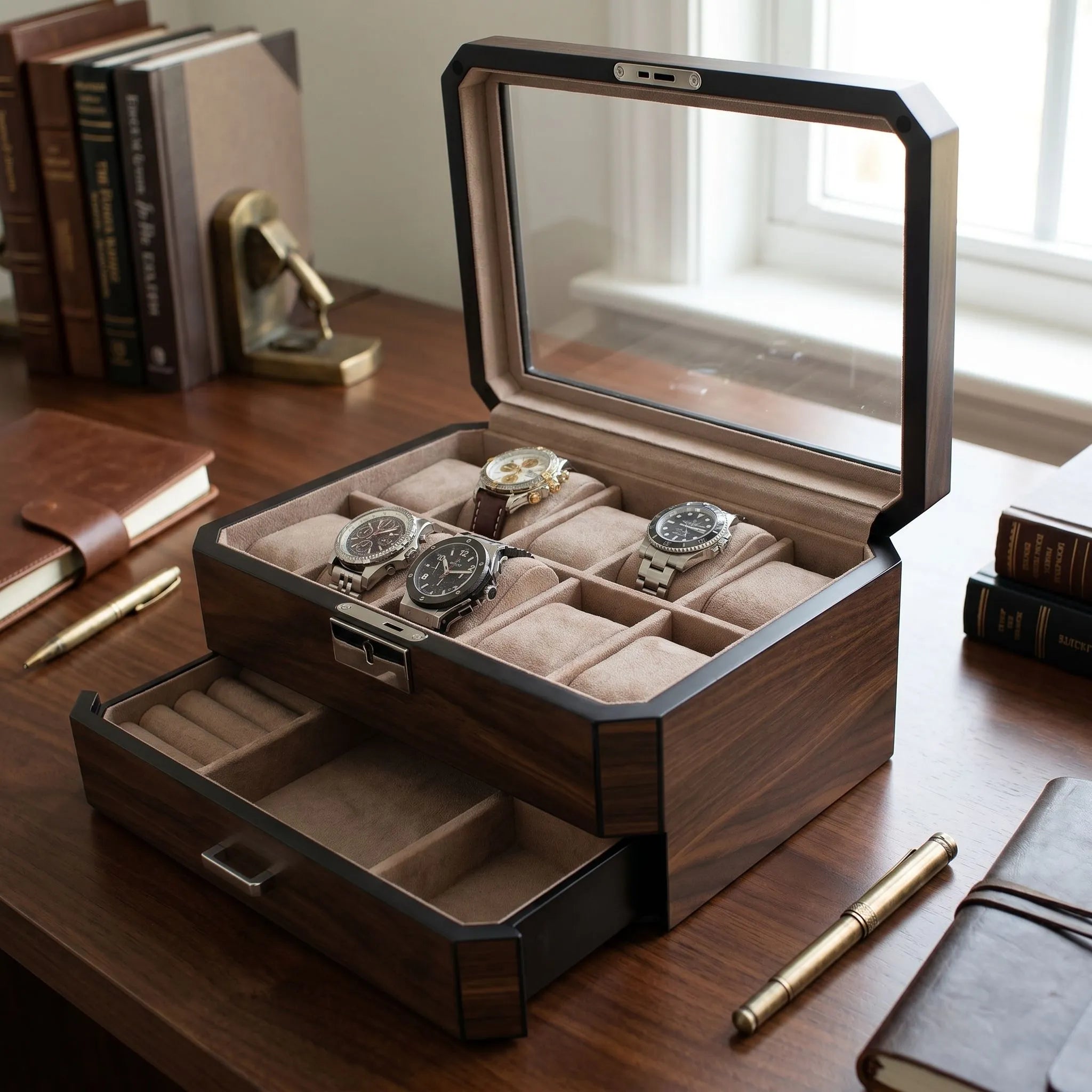 Close-up of dark walnut watch box with glass lid, showing detailed grain and mink suede interior for watch storage.