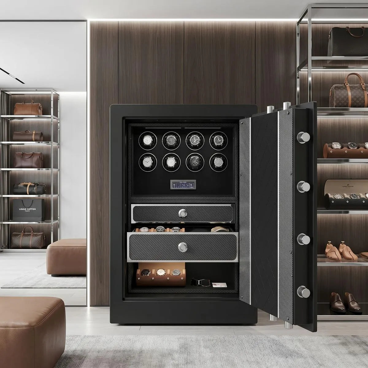 Close-up of Chubb Watch Winder Safe for 8 watches in a bright walk-in dressing room, highlighting premium leather finish and micro-texture details.