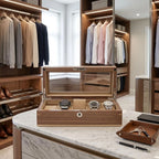Close-up of light walnut wood watch box in a modern dressing room showing glass lid and watch compartments.