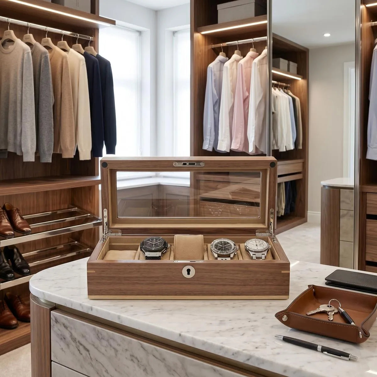 Close-up of light walnut wood watch box in a modern dressing room showing glass lid and watch compartments.