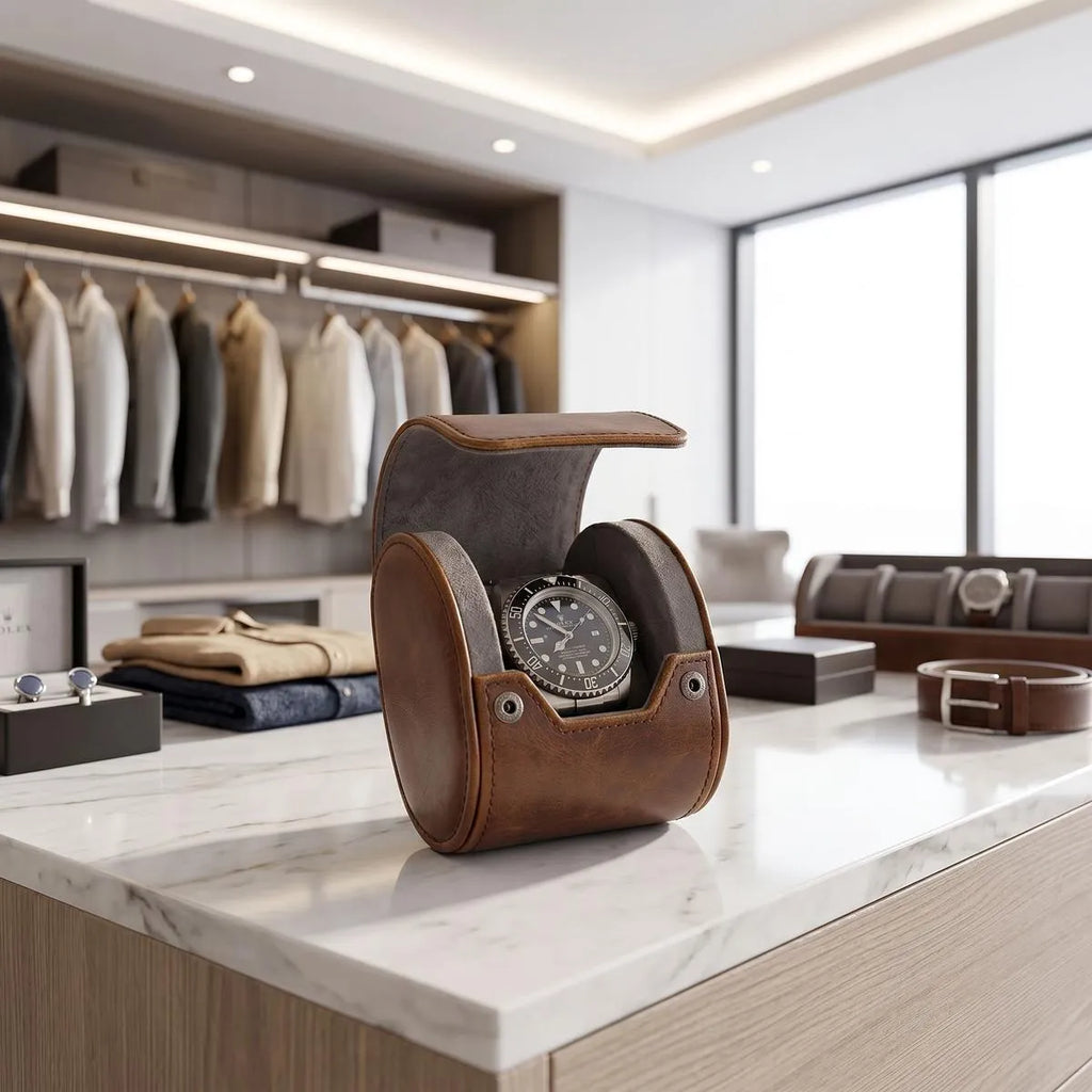 Elegant vintage brown leather watch roll with soft grey suede lining, designed for travel and watch protection in a modern dressing room.
